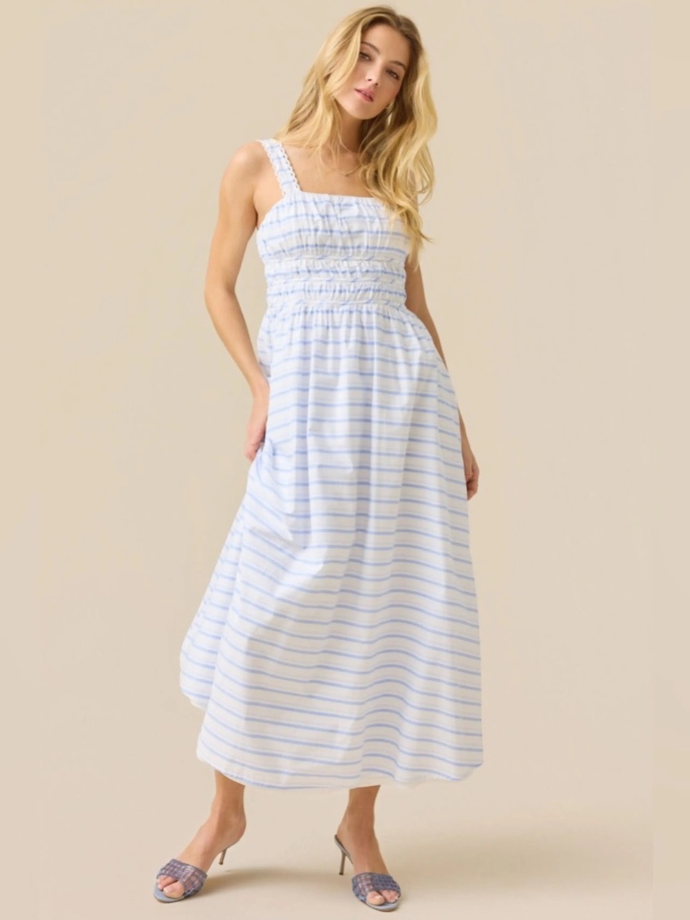 Altar’d State Blue & White Striped Smocked Maxi Dress NWT Size Medium Lined